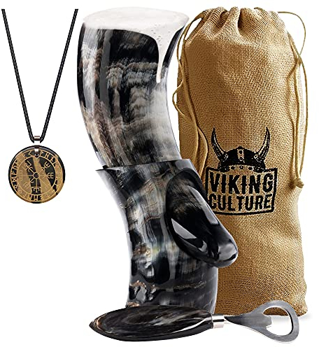 Viking Culture 400 ml. Viking Drinking Horn with Beer Opener, Stand, Viking Pendant and Vintage Burlap Bag, Polished Finished with Authentic Medieval Norse Style
