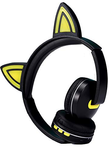 Sytaun Cat Ear Wireless Gaming Headset, Cat Ear Bluetooth Headphones, Wireless Bluetooth Cat Ear Headphones, Foldable Stereo Sport Headset Black Yellow