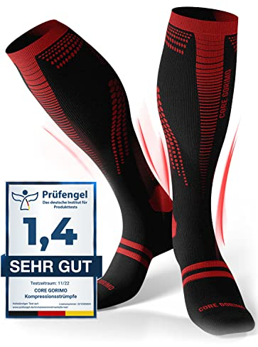 CORE GORIMO – Kompressionsstrümpfe Sport – Atmungsaktiv mit Anti-Blasen Schutz – Optimale Unterstützung beim Laufen und Joggen für Damen und Herren (schwarz/rot, 43-46)