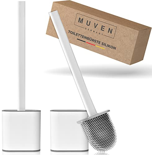 Klobürste Silikon mit flachem & biegsamem Kopf – WC Bürste mit schnell trocknendem Halter & Gumminoppen – Toilettenbürste zur Wandmontage ohne Bohren (weiß, matt) – MUVEN®