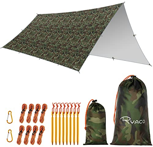 RYACO Tarp 3x5 m Wasserdicht Zeltplane Ultraleicht mit ösen + 6 Erdnägel + 6 Seilen, Anti-UV Schnee Regen Schutz Leicht Kompakt für Hängematte Camping Wandern Picknick Reisen Outdoor Aktivitäten