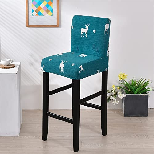 FANSU Barhocker Stuhlhussen mit Rückenlehne, Stretch Stuhlbezug Esszimmerstuhlbezüge Sitzbezug Abnehmbar Waschbar für Küchen Hochstühle Barhocker Höhenverstellbar (grüner Elch,2er Set)