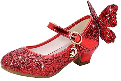 Big Girls Princess Shoes Sequins Sweet Bows High Heels Wedding Party Dress Shoes Dance Bright Diamond Cosplay Christmas Festival Shoes Red Size 1.5 UK