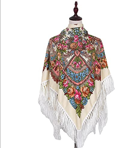 LJGFW Russische quadratische Schals ukrainische Kopfbedeckung muslimischer Hijab Schal Wraps Turban Tuch Raditional Schals Decke Bandana mit Quaste