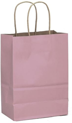 qiqee Confezione da 100 sacchetti regalo di carta rosa con manici, 21,8 x 15,2 x 8,1 cm, sacchetti regalo di piccole dimensioni, molteplici usi