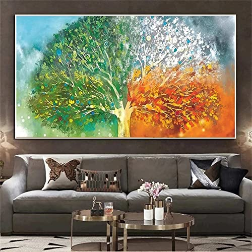 Malen Nach Zahlen Baum der vier Jahreszeiten DIY Handgemalt Ölgemälde Leinwand Kits für Erwachsene Kinder mit Pinseln Acrylpigment Zeichnung Paint by Numbers für Haus Wand Decor 50x65cm Mit Rahmen