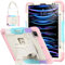 SEYMCY Kids Case for iPad Pro 12.9 Inch 2022/2021/2020/2018 (Pro 6th/5th/4th/3rd), Full-body Shockproof with Screen Protector, 360° Rotating Hand Strap & Stand, Carrying Strap, Pencil Holder, Pink