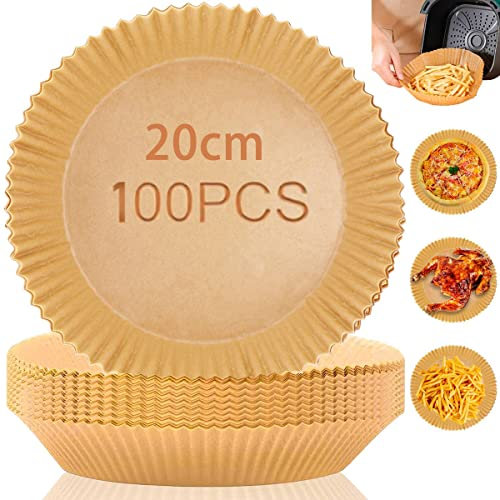 100 Stück Backpapier für Ninja Air Fryer Heißluftfritteuse AF160EU AF100EU, 20cm Rund Papier Einsätze Einweg Antihaft Wasserdicht Ölfest Airfryer Pergamentpapier Liner Zubehör für Air Fryer 4,5L-8L