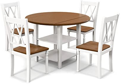 TANGZON Drop Leaf Dining Table and 4 Chairs, 5 Pieces Round Kitchen Table Set with 2-Tier Open Storage Shelf, Space Saving Wood Dining Sets Furniture for Dining Living Room Restaurant (Extendable)