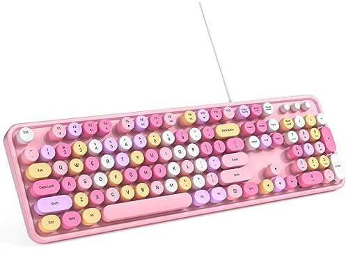 MOWUX Clavier d'ordinateur filaire, Plug and Play, clavier rond rétro USB pour machine à écrire, clavier filaire pleine taille avec supports pliables pour ordinateur portable et PC de bureau - Rose