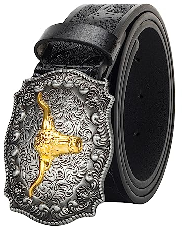 HilyBony Western-PU-Ledergürtel für Damen und Herren, Cowboy-Cowgirl, Longhorn-Bull-Muster, gravierte Schnalle, Gürtel für Unisex, Schwarz , for 33-36 waist