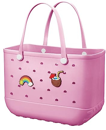 Strandtasche, Gummi-Tragetasche, wasserdichte Reisetasche für Damen, waschbare Tragetasche, Handtasche für Sport, Strand, Markt, Pool, Pink, Large, EVA