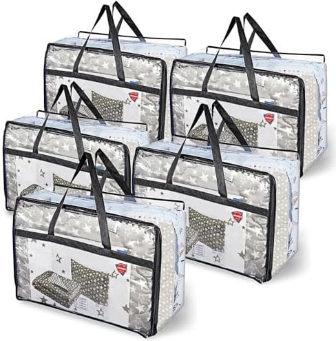 ZOFUN 5 Pcs Clear Storage Bags with Zips, 55 x 25 x 40 Large Laundry Bags with Zips, 55 L Vinyl Storage Bags with Handles, Waterproof Vinyl Lanudry Bags for Clothes Underbed Storage