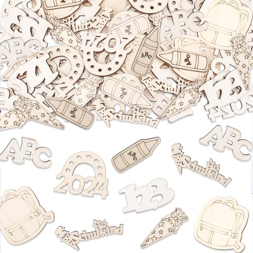 VIKY® Schulkind Konfetti Holz,42 Stk Einschulung Deko Tischdeko, 2024 Deko Schulanfang Confetti, Schulanfang Deko Einschulung Junge & Mädchen,DIY Rucksack Zuckertüten Streudeko Holz für Schulkind Deko