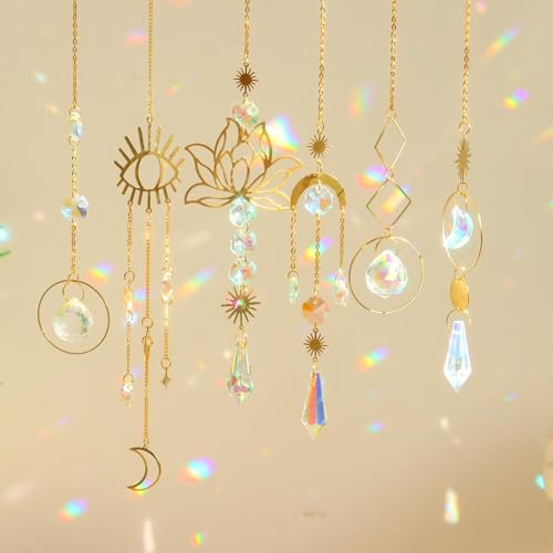 Sonnenfänger Kristall Windspiel,6 Stück Kristall Anhänger Deko,Gold Mond Stern Regenbogen Kristalle Anhänger,Regenbogen Sonnenfänger Kristal,Fensterdeko Hängend für Zuhause Büro Garten Outdoor Deko