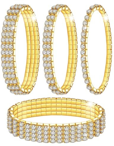 Kucheed 4 Stück Stretch Armbänder mit Strasssteinen, Twinkle Diamant Tennis Armreif, Bling Stapelbares Brautarmband aus Kristall, Glänzendes Hochzeits Party Armband für Frauen