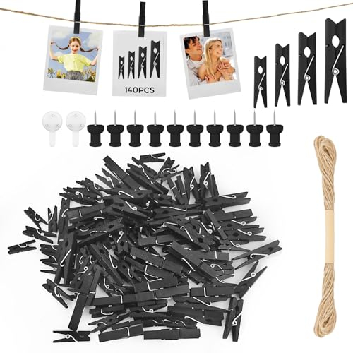 HavaCue Lot de 140 Mini Pinces à Linge en Bois Noir 2.5/3/3.5/4.5CM pour Mariage, Photo Polaroid avec 10M Corde de Jute DIY