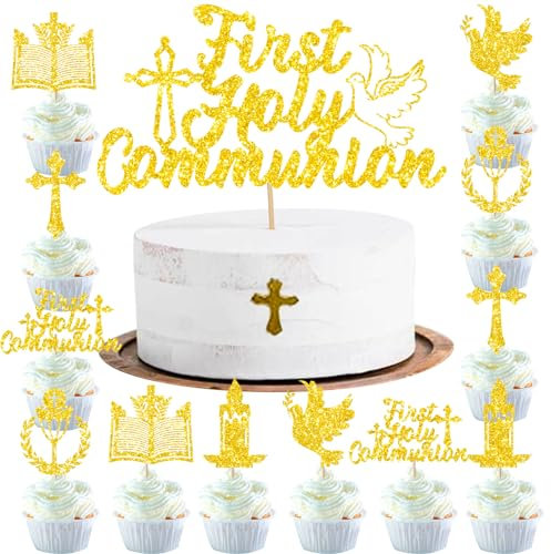 Volsha Gold First Holy Communion Cake Topper Set (1 x Cake Topper, 12 x Cupcake Toppers)