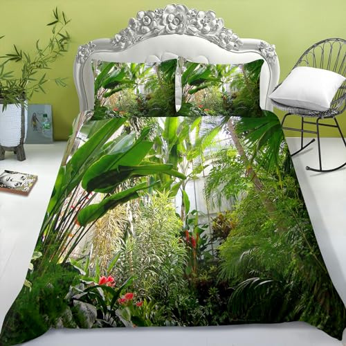 FABTOP Tropisch Dschungel Bettwäsche Set 135x200cm 3D Palmen Blätter Muster Bettbezug Grün Botanisch Pflanze Blätter Bettwäsche
