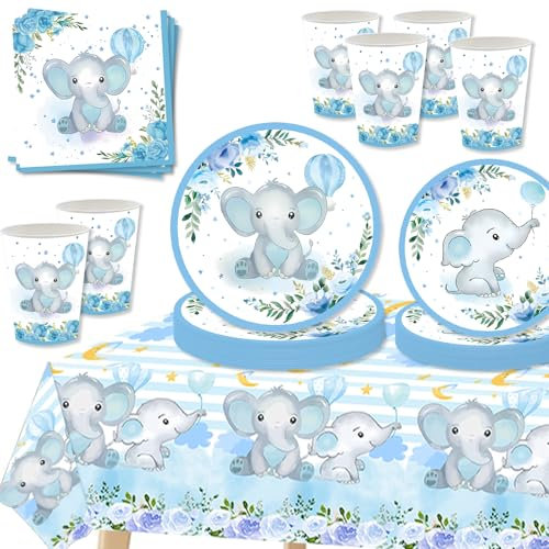 MORAINJAY 69 piezas Elefant Partygeschirr Kindergeburtstag Deko para 16 personas, fondo de elefante azul, platos, servilletas, tazas, manteles, platos de papel para baby shower, cumpleaños Party