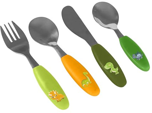 Dinosaurier 4tlg. Besteckset für Jungen und Mädchen, 4-teiliges Kinder-Besteckset aus Edelstahl mit Kunststoffgriffen und Dino Aufdruck, beinhaltet Messer, Gabel, Suppenlöffel und Dessertlöffel