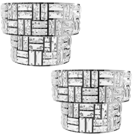 ValueLights | Pair of Easy Fit Silver Chrome/Clear Acrylic Jewel Tiered Drum Lampshade for Living Room Bedroom Hallway LED Bulbs Included | Shades & Home Improvements Essential | 270mm Shade Width