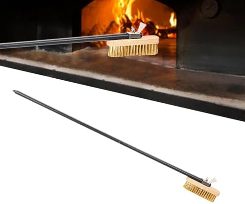 Rrlihjgu Oven Brush with Stone Scraper, Pizza Stone Cleaning Brush, Brass Bristles, Stone Brush, Oven Brush, Cleaning Brush with Long Handle, Grill Brush with Scraper for Kitchens, Pizzerias and Ovens