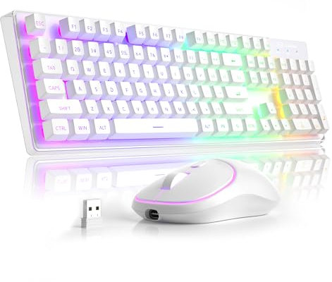 MageGee V550 Wireless Gaming Keyboard and Mouse, 2.4G Full-Sized RGB LED Computer Keyboard with Transparent Shell, Rechargeable Quiet Cordless Mouse & Keyboard Combo for Laptop/PC/Desktop (White)