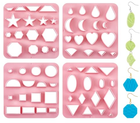 UNICRAFTALE 4 Stk Polymer Ton Ausstecher für Ohrringe Schmuckherstellung | 4 Stile(Herz,Mond,Träne,Geometrisch),Kunststoff,Farbe Pink,10x10cm,leicht zu transportieren