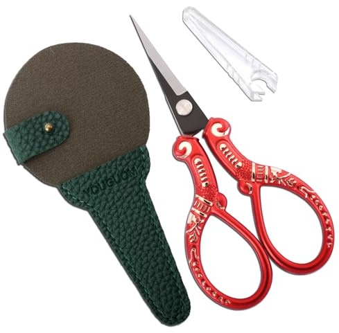 YOUGUOM Nähschere, Stickschere mit Etui für Handwerk, Handarbeit, Kreuzstich, Häkeln, kleine Fadenschere, kleine Detailschere, Vintage-Rot