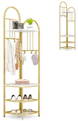 HOMASIS Appendiabiti Ingresso con Scarpiera, Mobile ad Angolo da 180 cm con 4 Mensole, 4 Ganci Rimovibili, Stand Appendiabiti in Metallo per Camera da Letto, Salotto, Corridoio (Bianco)