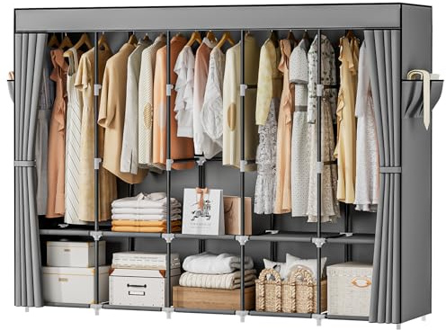 Neatrays Tragbare Schränke zum Aufhängen von Kleidung, 210 cm, großes Fassungsvermögen, freistehender Armario De Ropa Schrank mit Abdeckung und 5 Hängestangen und 10 Ablagen (grau)