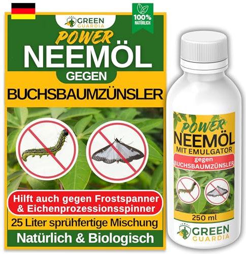 GREEN GUARDIA Power Neemöl bei Buchsbaumzünsler mit Emulgator für Garten- & Zimmerpflanzen, Neemöl Buchsbaumzünsler, 250ml sprühfertige Mischung für 25 Liter Mischung