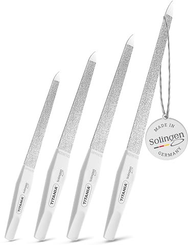TITANIA® Solingen Lot de 4 limes à ongles saphir – Limes professionnelles (12/15/17/20 cm) avec manche blanc – Lime à ongles pour ongles naturels – Accessoires manucure et pédicure de haute qualité