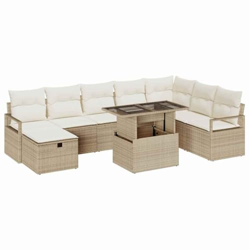 vidaXL Garten-Sofa-Set mit Kissen mit Speicher 9 pcs Beige Poly Rattan, Garten und Terrasse, modernes Gartenmöbel-Set, modulare Lounge, verstellbare Füße, wetterfester Sofa