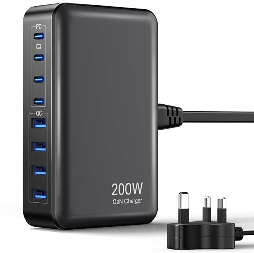 200W 8-Port USB Charging Station, PD 65W 45W 20W USB C GaN III Charger Laptop & Phone Fast Charger Plug, Compatible with MacBook Pro/Air,Dell XPS, iPhone 15/16/14/ Pro, iPads, Steam Deck