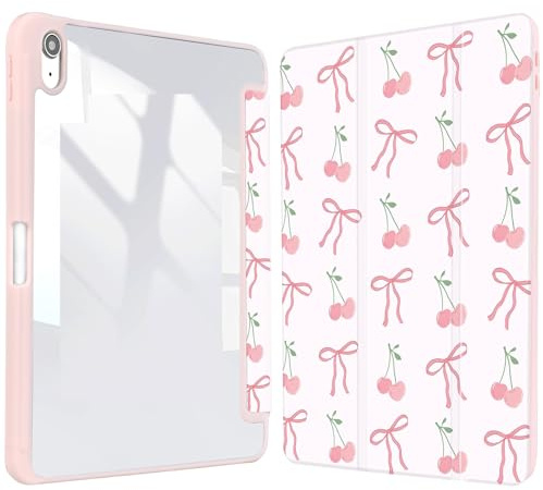 Vozehui iPad Case 11/10.9 Inch (A16)11/10th Gen/10.2 Inch 9th/8th/7th Gen/9.7 In.5th/6th/Air 11 In.M3/M2 w/Clear Back Shell w/Pencil Holder,Tri-fold Stand Cover w/Auto Sleep Wake Bow cherry