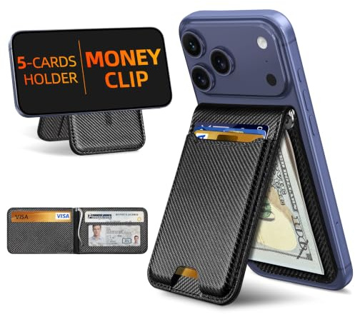 For Magsafe Wallet with Money Clip, Strongest Magnetic Wallet for iPhone 17/16/15/14/13/12 Series, Adjustable Stand, ID Window, 5 Card Holder, Vegan Leather, Not for 13/12 Mini, Black Carbon Fiber