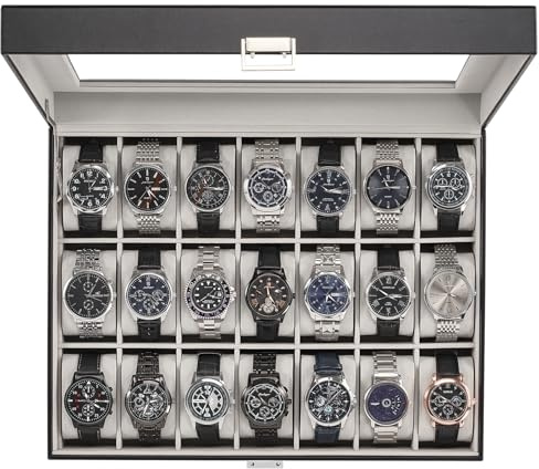 ProCase Cassa Orologio, Uomo Orologio Scatola Titolare Organizzatore con Coperchio di Vetro, Orologi Espositore, Compleanno Regali di Natale per Uomini Donne -21 Slot, Nero ﻿
