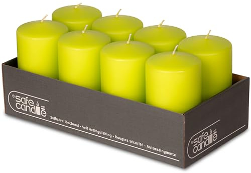 DecoLite Stumpenkerzen 13 x 7 cm, ca. 61h Brenndauer, 8er Set, Limone | Made in Germany, RAL-geprüft, Safe Candle mit Abbrandstopp, tropffrei & rußfrei, ohne Duft, für Advent, Trauer & Tischdeko