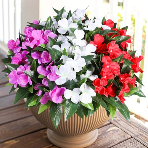 Veryhome Artificial Flowers Outdoor 3 Bundles Silk Flower Bouquet Fake Geraniums Impatiens for Outdoor Indoor Artificial Plants UV Resistant for Home Garden Window Boxes Decor(Purple & Red & White)