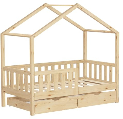 ML-Design Letto Casetta per Bambini 70x140 cm in Legno di Pino Naturale con Barriera, 2 Cassetti Contenitore e Rete a Doghe, Lettino Montessori a Pavimento, Letto Singolo per Bimbi