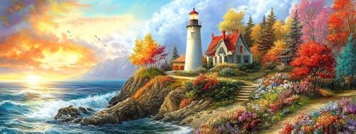 Wergond Coucher de soleil Diamond Painting Adulte Grand Format, 5D DIY Phare Diamond Painting xxl, Peinture Diamant Kits pour Adultes Strass pour la Décoration Murale à la Maison 30x80cm