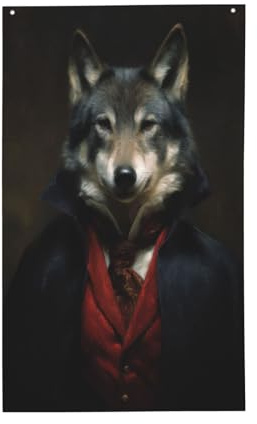 Wolf in viktorianischer Kleidung, Hof-Hausflaggen, 90 x 150 cm, mit Ösen, für drinnen und draußen, Party-Dekoration