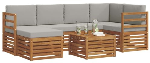 vidaXL Sofagarnituren 7 pcs Natürlich und Hellgrau Massivholz Akazie, Gartenmöbel, modernes Sofa für draußen, modulare Loungemöbel, langlebige Terrassensitze und Komfort