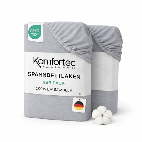 Komfortec Spannbettlaken Jersey 2er Set 100% Baumwolle – 200x200 cm – Weich, Atmungsaktiv & Hautfreundlich – Mit Rundumgummi – Oeko-Tex Zertifiziert – Für Boxspring, Topper & Matratzen – Silber