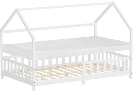 ML-Design Kinderbett Hausbett 120x200 cm mit Matratze, Rausfallschutz, Dach & Lattenrost, Weiß, Bettgestell aus Kiefernholz, Montessori Bodenbett, Holzbett für Mädchen & Jungen, Jugendbett Doppelbett