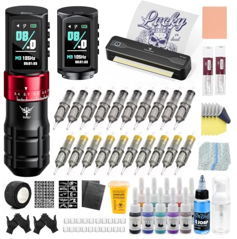 TATELF Drahtloses Tattoo Komplett-Set – Kabelloser A4 Bluetooth Stempeldrucker & Rotations-Stift Kit (2300mAh Akku, 7 Hubhöhen) – Inkl. 20 Nadeln, 10 Tinten & Transferpapier für Tätowierer & Kosmetike