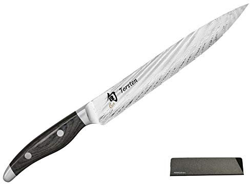 KAI Shun Nagare, coltello Santoku, coltello da cucina, coltello da pane, coltello office, acciaio Damasco con/senza incisione + protezione lama Prymo, 2) Messer mit Gravur, 4) Schinkenmesser 23cm