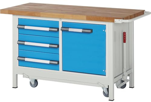 eurokraft | Fahr- und absenkbare Werkbank | Gestellbauweise Serie 8000 | 3 Schubladen | 1 Tür | BxT 1500 x 700 mm